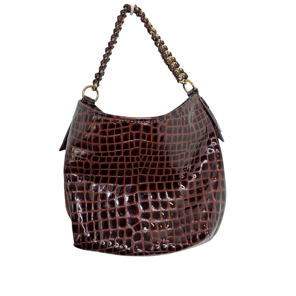 Antonio Melani Brown Patent Leather Croc Embossed Woven Chain Handle Bag